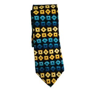 SERICA Tie silk Yellow & Blue Geometric Luxury Silk Tie  EX COND
